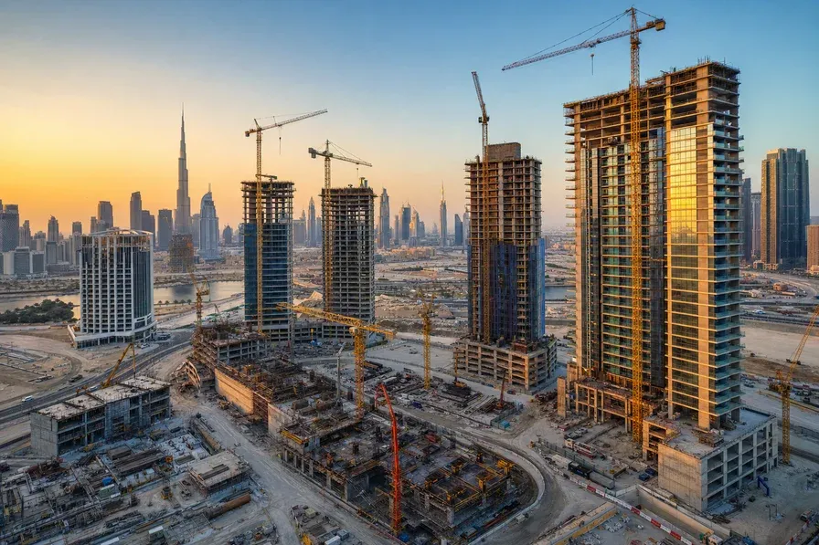 A wide-angle aerial drone photograph of an active Dubai construction site at golden hour, with multiple residential towers in different stages of completion — some at foundation level, others topped o