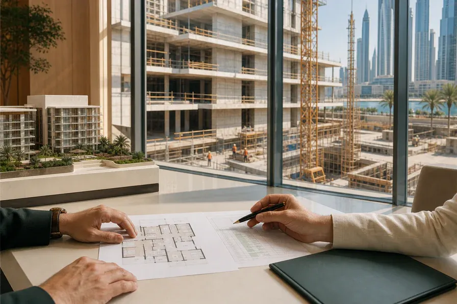 A buyer and mortgage adviser review an off-plan apartment floor plan beside a Dubai residential construction site.
