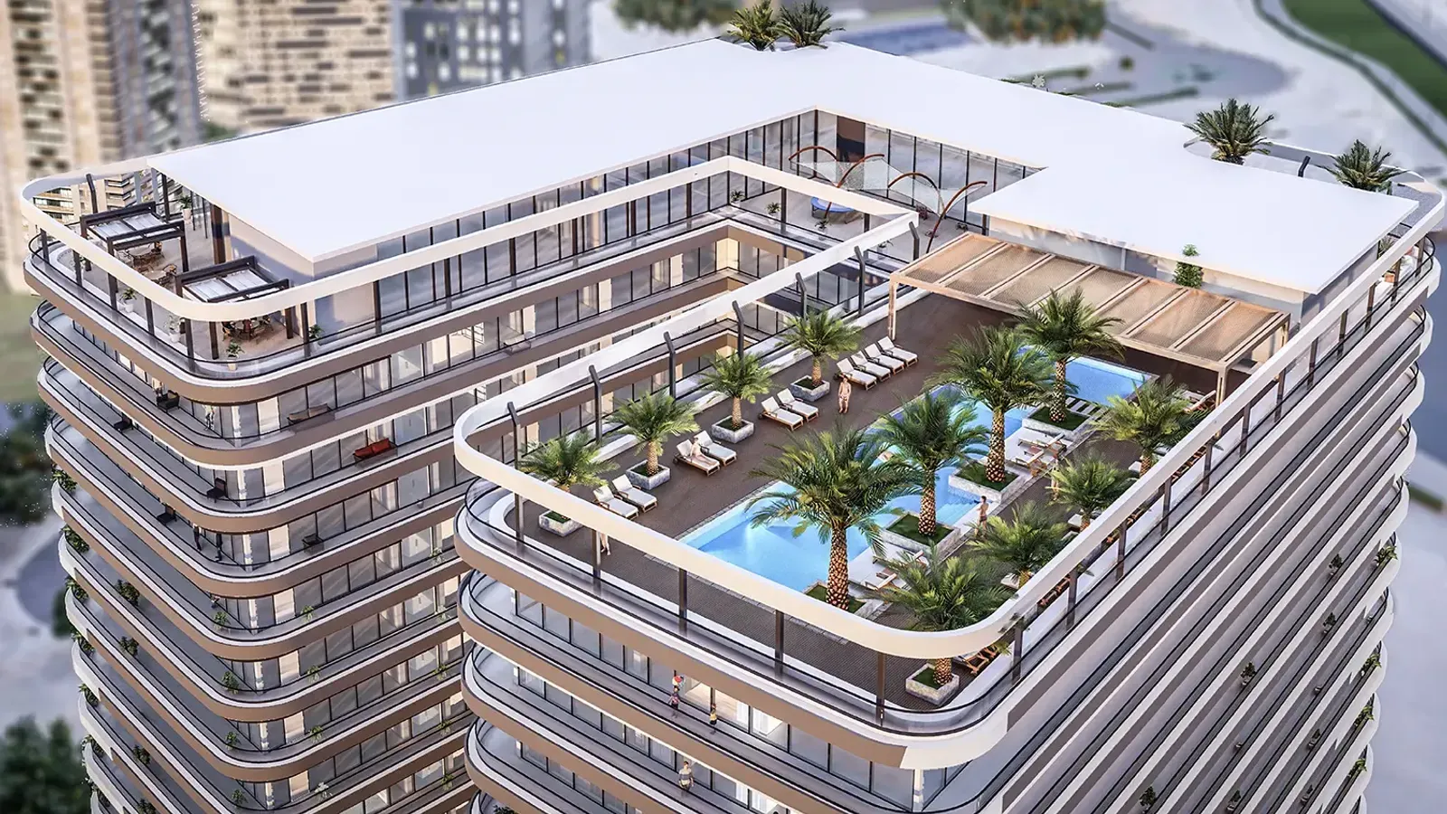 The Community Sports Arena by Aqua Developments, showing its rooftop pool, terraces and curved apartment balconies.
