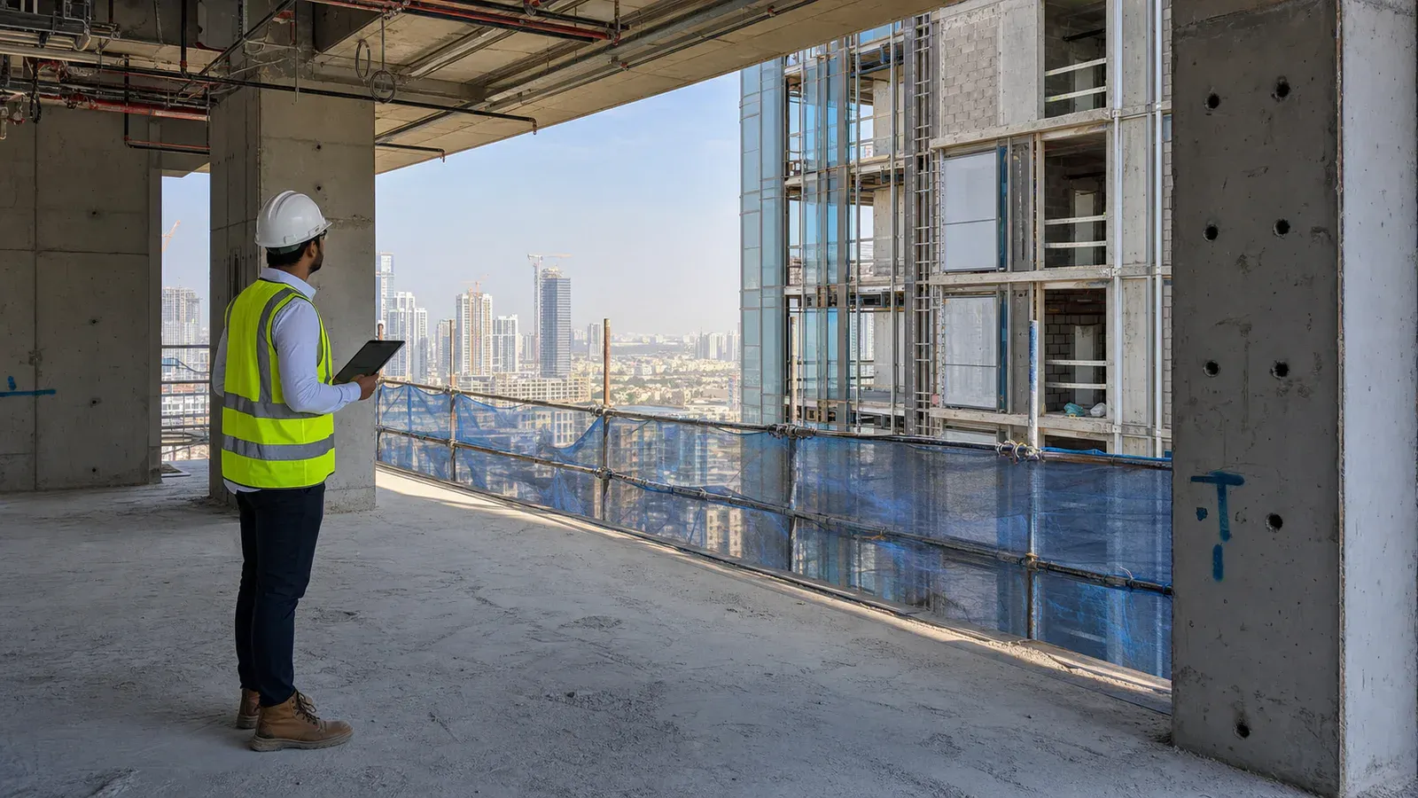 A site engineer checking the structure and facade installation inside a Dubai residential project under construction.