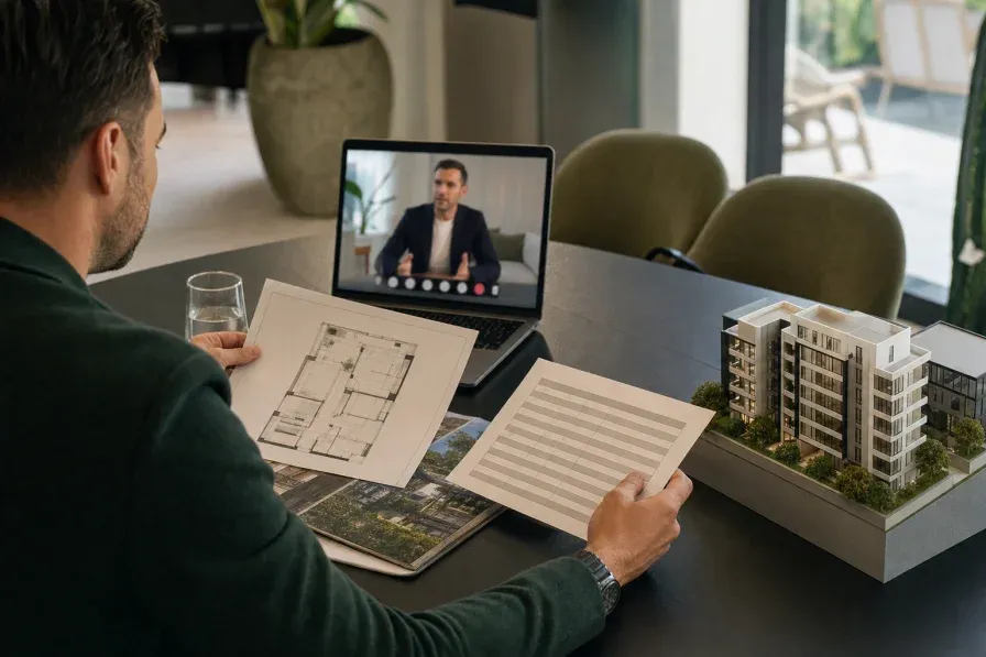 An overseas buyer reviewing a Dubai off-plan reservation form, floor plan and payment schedule during a video call with a property adviser.