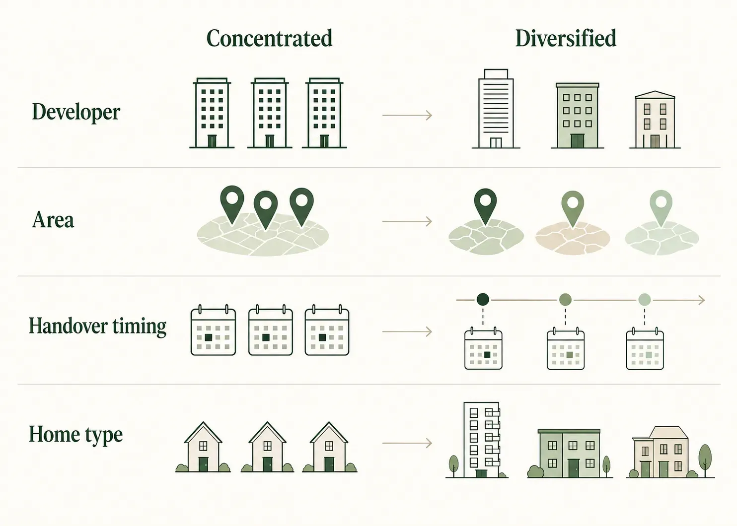 Concentrated versus diversified off-plan portfolio across developer, area, handover timing and home type