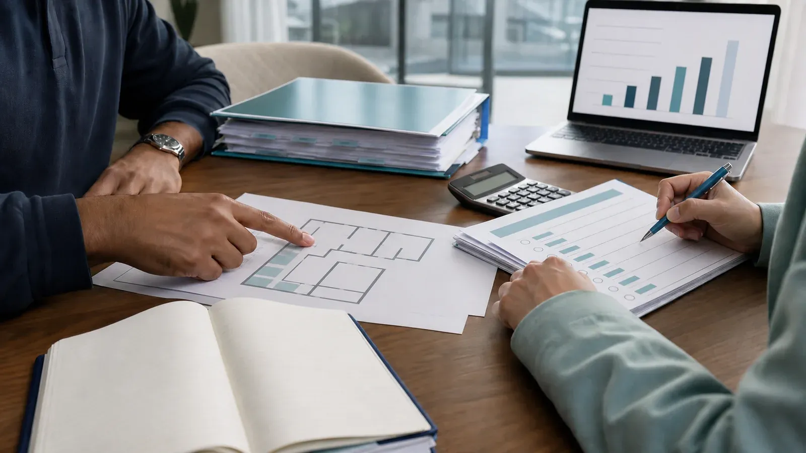 A Dubai off-plan buyer and mortgage adviser reviewing the property file, floor plan and finance terms before handover.