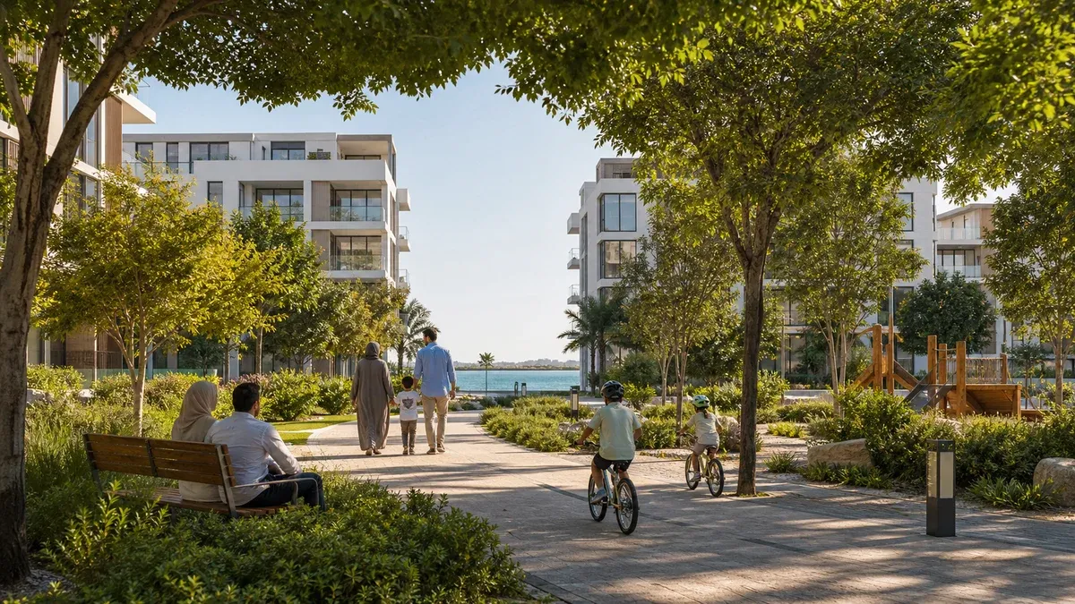 Residents walking through a landscaped Yas Island park beside contemporary low-rise homes, with families cycling and the waterfront visible through the trees.