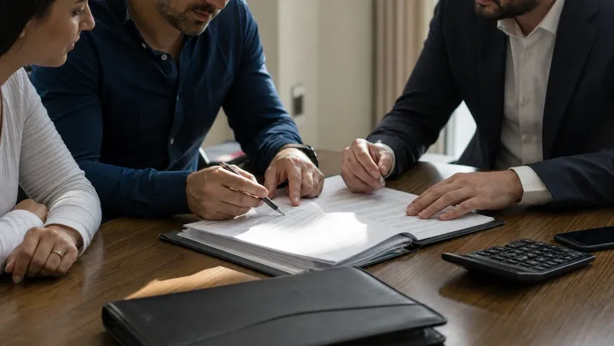 Off-plan buyers reviewing SPA and registration paperwork with an adviser