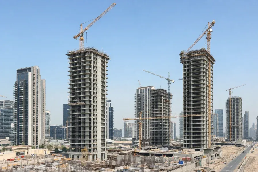 Modern Dubai residential towers under construction against a clear daytime sky.