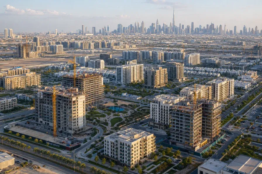 Aerial view of a UAE residential community with off-plan towers under construction alongside completed buildings