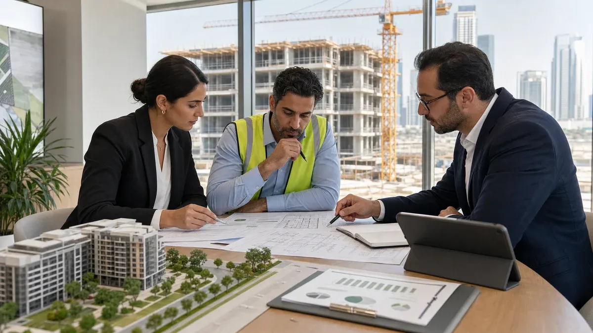 An account trustee, engineer and project consultant reviewing construction progress before an escrow release.