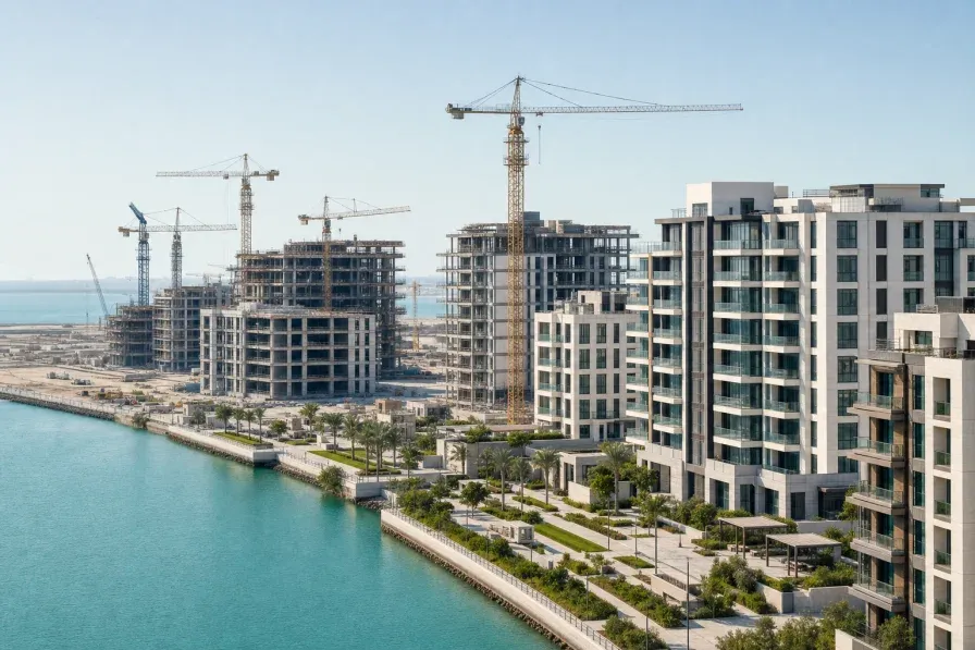 An Abu Dhabi waterfront off-plan residential development under construction, with mid-rise blocks at different stages of completion and tower cranes.