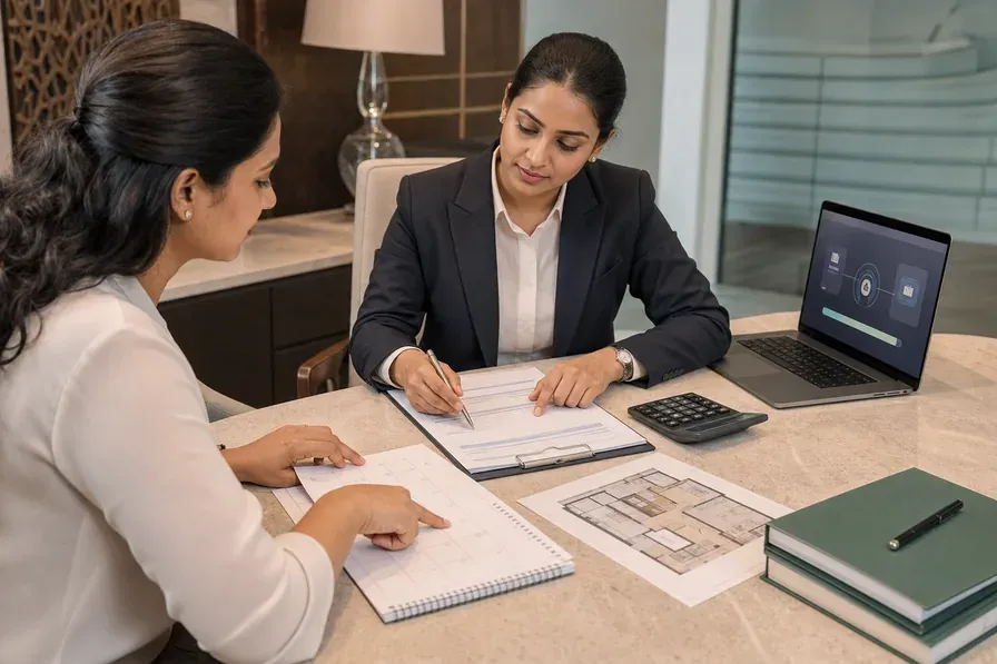 An Indian buyer and bank relationship manager reviewing an overseas property remittance form, payment calendar and Dubai apartment floor plan.
