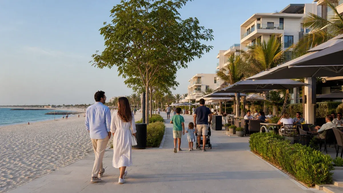 A couple and family walking beside Mamsha Beach on Saadiyat Island, with shaded restaurant terraces, low-rise luxury homes and turquoise water.