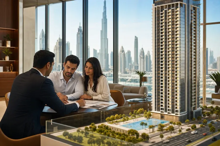 A photorealistic interior of a Dubai property sales centre showing a couple sitting at a desk reviewing documents and a large architectural model of a tower in the foreground. Floor-to-ceiling windows