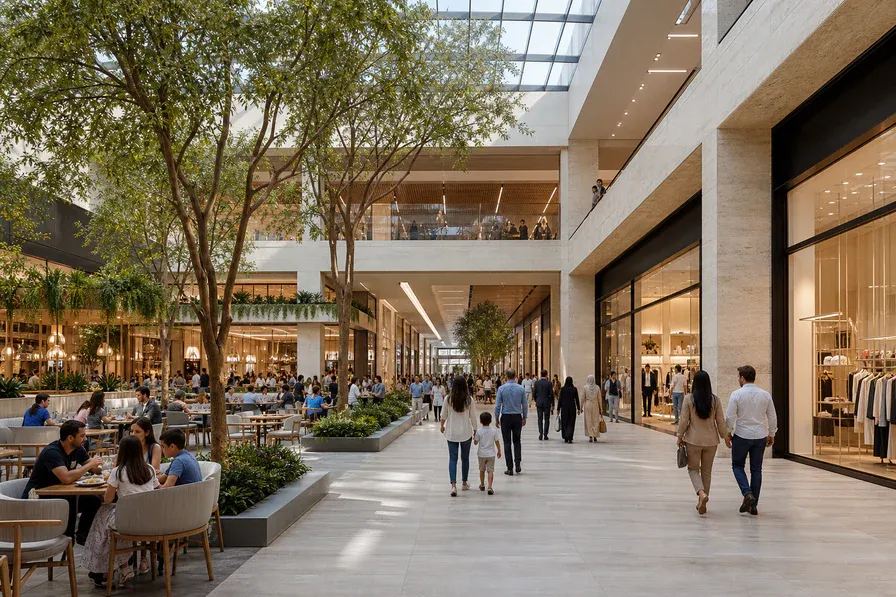 Residents enjoying shopping and dining inside a bright contemporary mall inspired by Dubai Hills Estate.