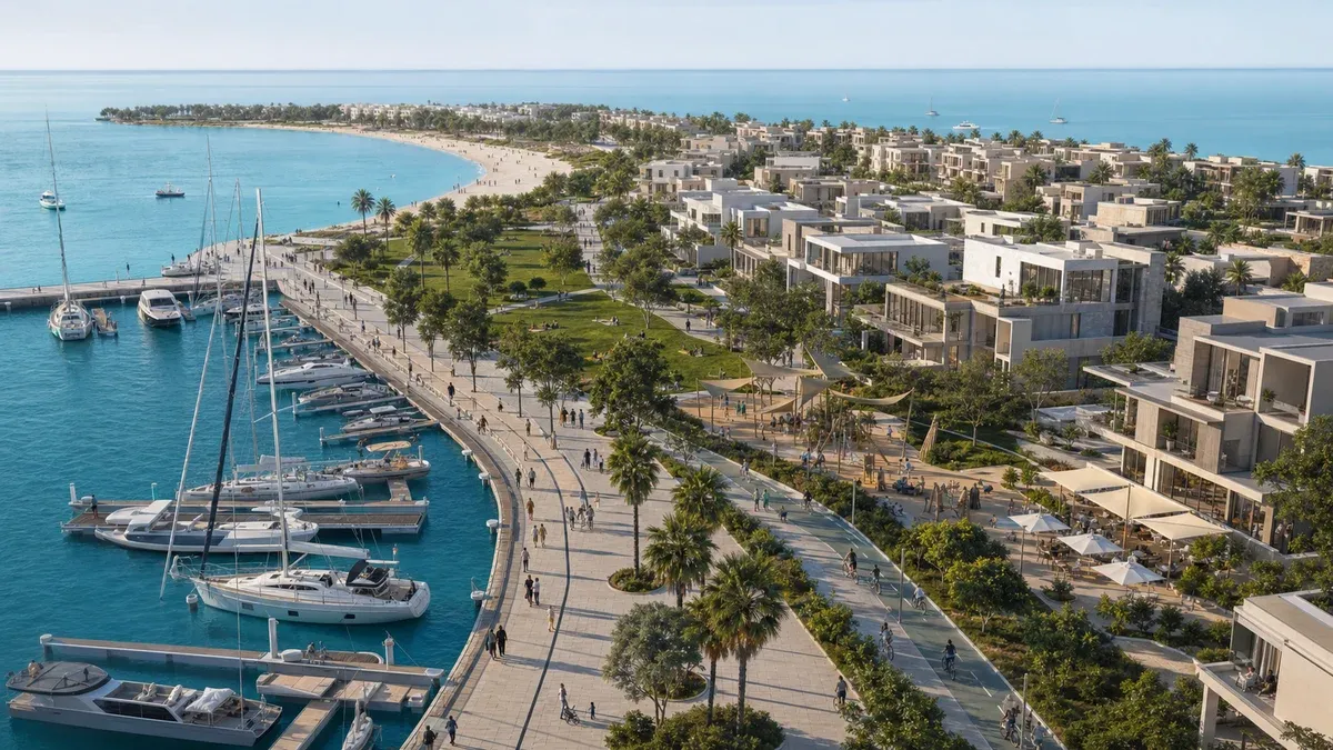A wide photorealistic view of a future Saadiyat waterfront district with a marina, public beach, shaded walking and cycling paths, parks and low-rise homes.
