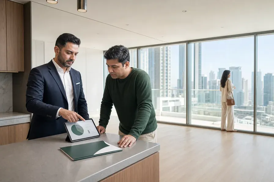 An Indian buyer reviewing a UAE mortgage illustration with a lending specialist inside a completed Dubai apartment.