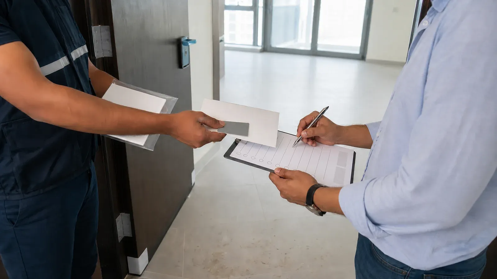 A buyer completing the final mortgage and key-handover paperwork with a property representative inside the finished apartment.