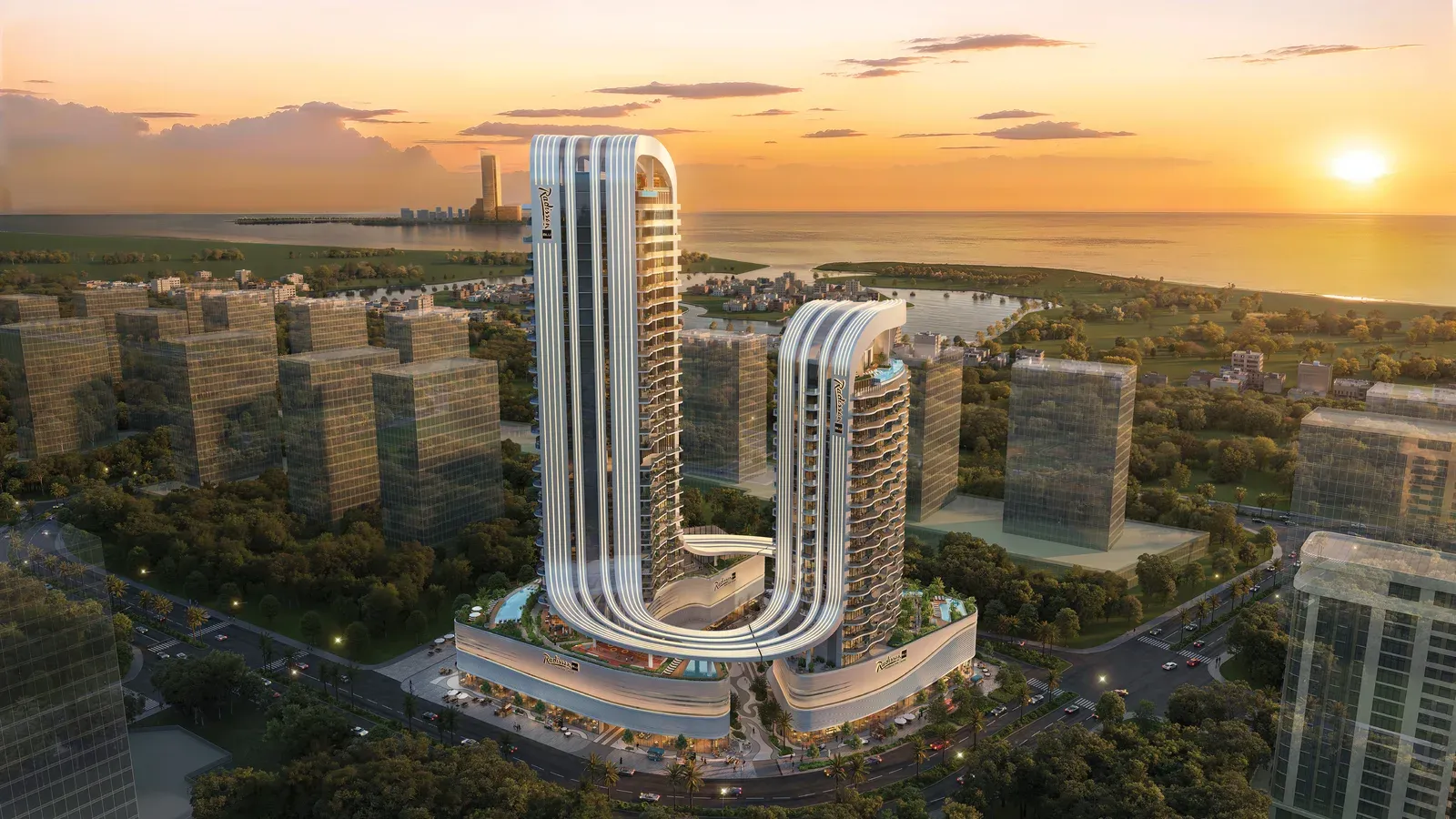 Radisson Blu Hotel and Residences by BNW Developments at RAK Central, shown in an official exterior project render.