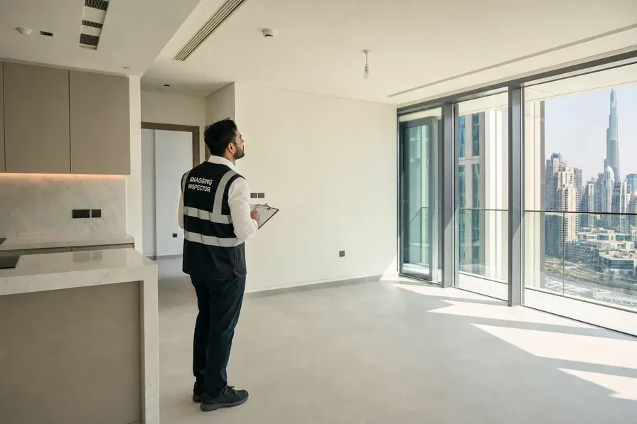 A photorealistic interior shot of a modern handover-ready Dubai apartment, showing a snagging inspector with clipboard examining the living area. Floor-to-ceiling windows, neutral palette, daylight st