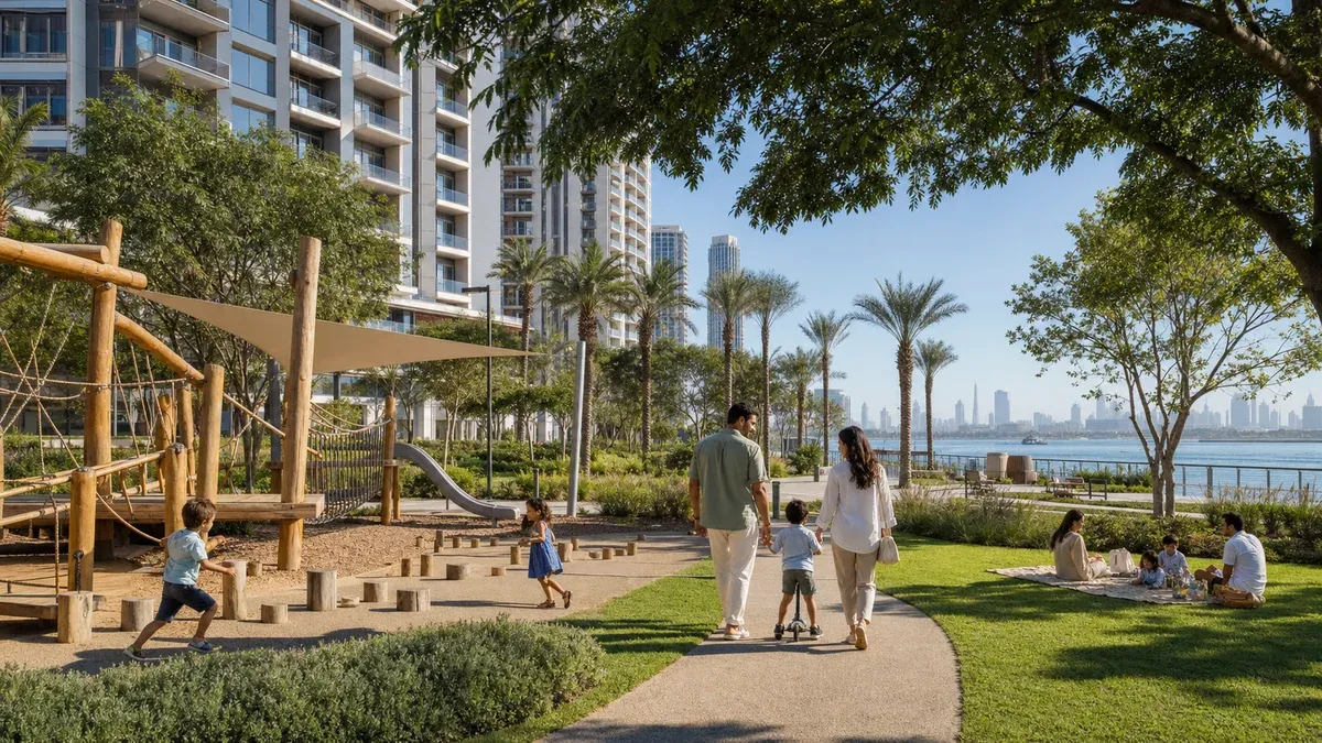 A family enjoying a landscaped park and children’s play area in Dubai Creek Harbour, with contemporary Emaar residences and the Creek in the distance.