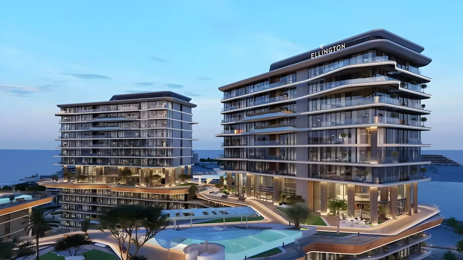 Costa Mare by Ellington Properties on Al Marjan Island, with waterfront residences arranged around landscaped pools.
