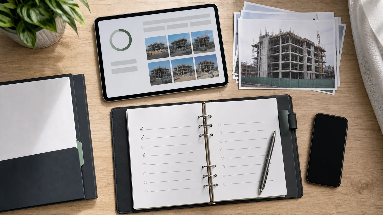A buyer’s monthly off-plan construction progress file with project photographs, a tablet record and a simple checklist.