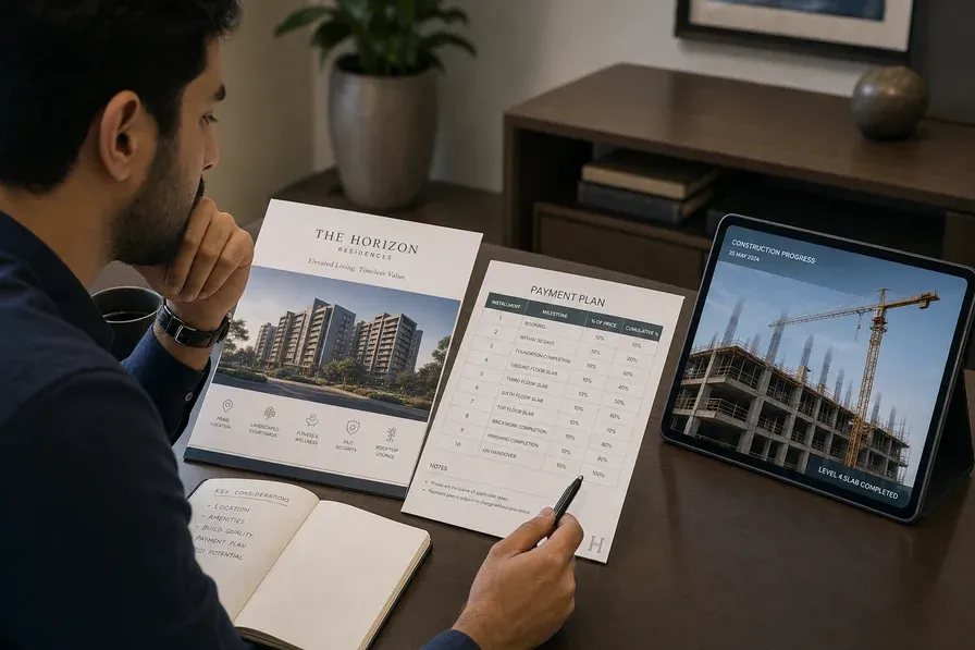Buyer reviewing an off-plan payment-plan schedule and construction-progress tablet