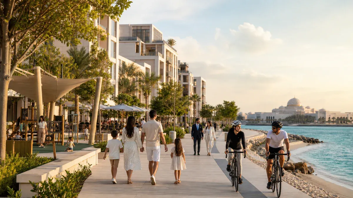 An Abu Dhabi island promenade combining waterfront homes, family life, cycling and green public space.