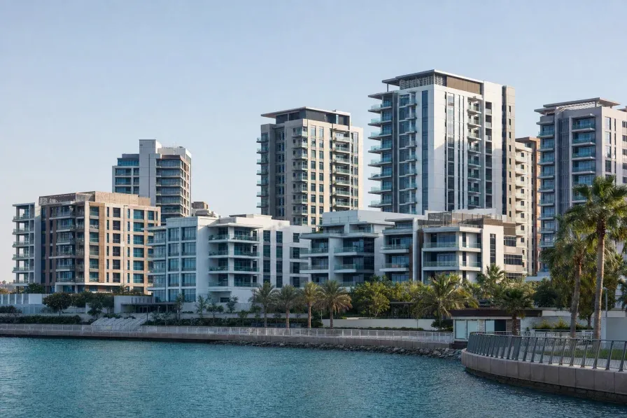 Modern Abu Dhabi waterfront residential skyline in calm daytime light.