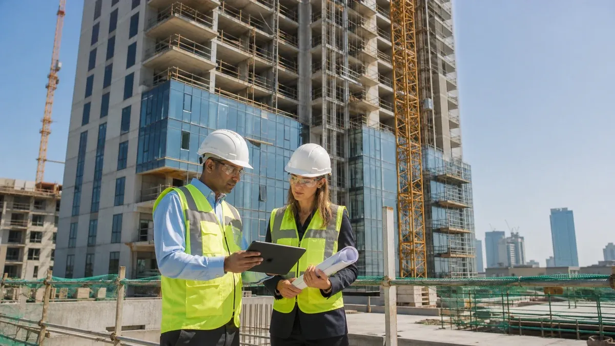An engineer and project auditor checking a Dubai residential tower’s construction milestone on site.