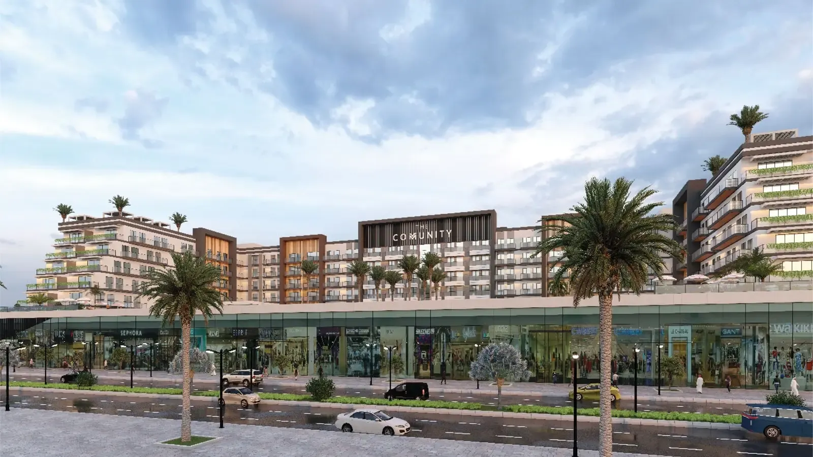 The Community Motor City by Aqua Developments, with apartments arranged above a broad retail frontage.