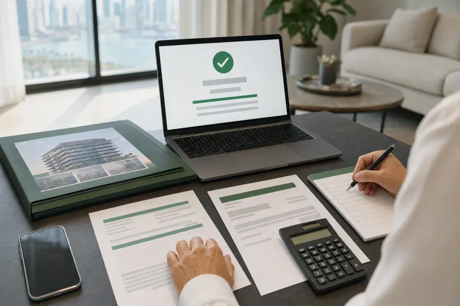 A buyer reconciling an international bank transfer with a Dubai property payment notice, official receipt and account statement.