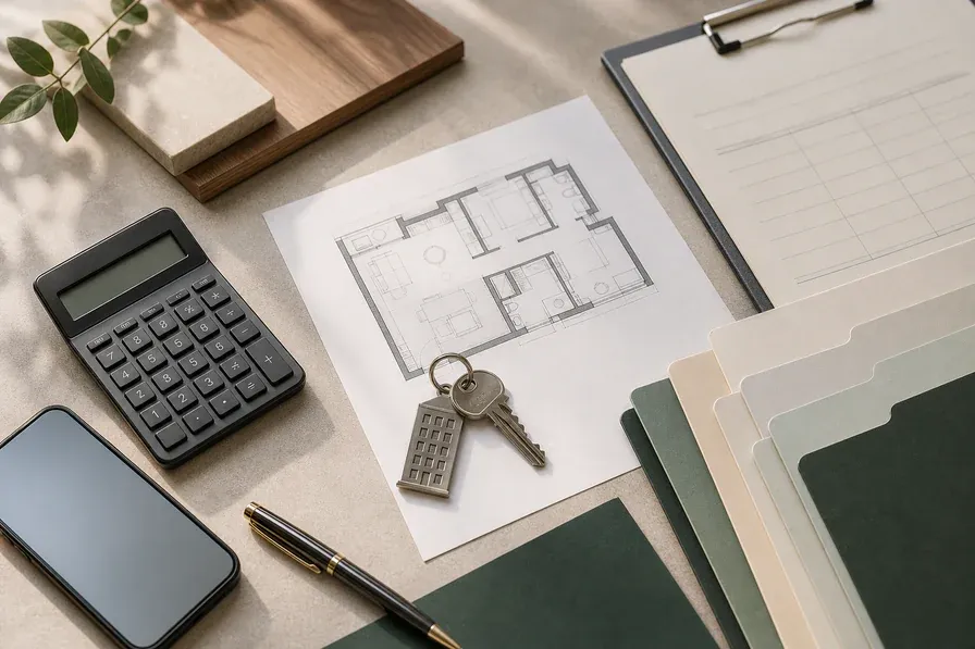 A mortgage calculator, apartment keys and floor plan arranged for Dubai off-plan home finance cost planning.