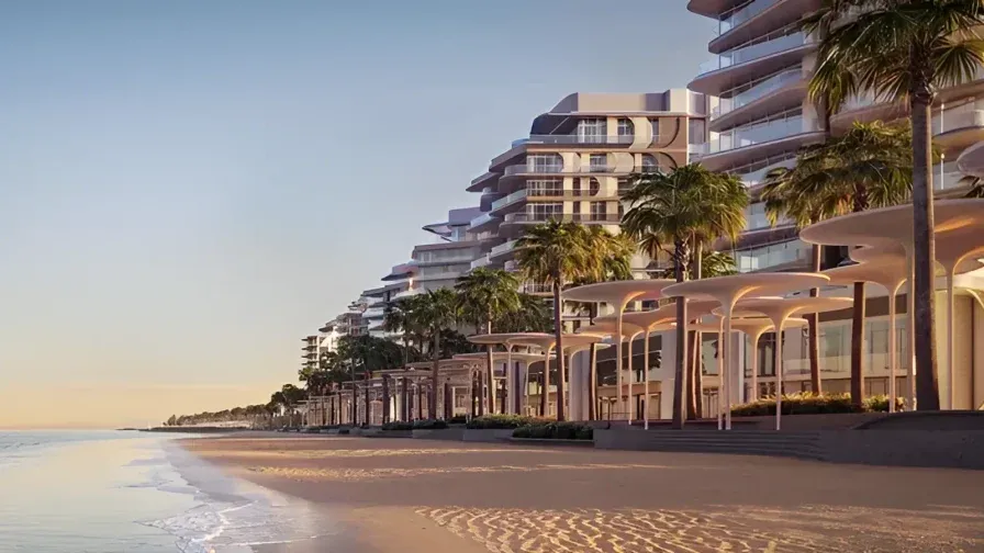 A render of Fahid Beach Residences on Fahid Island, Abu Dhabi, part of Aldar’s newer beachfront masterplan.