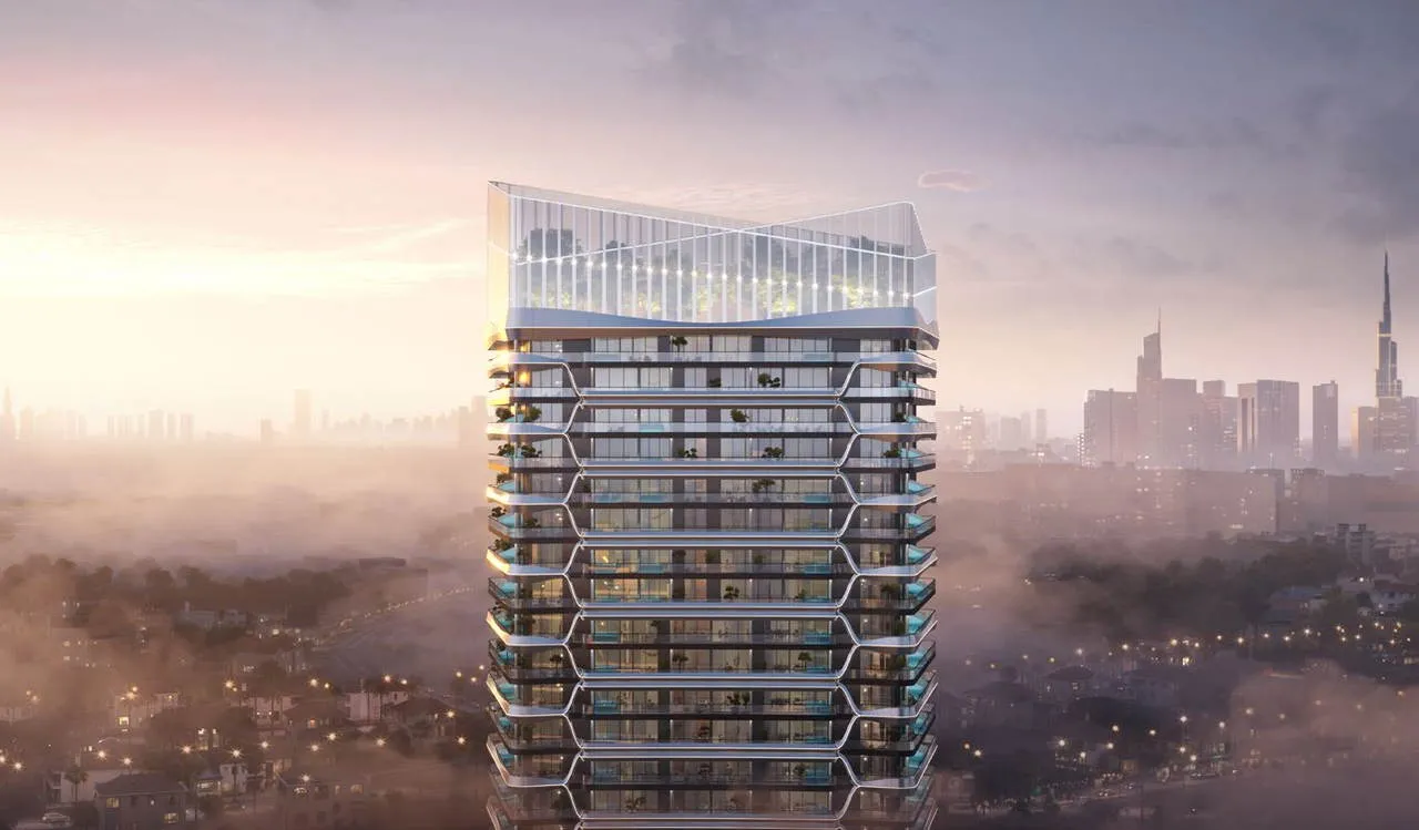 Hadley Heights 2 tower exterior rising above Dubai Sports City at sunset by LEOS Developments