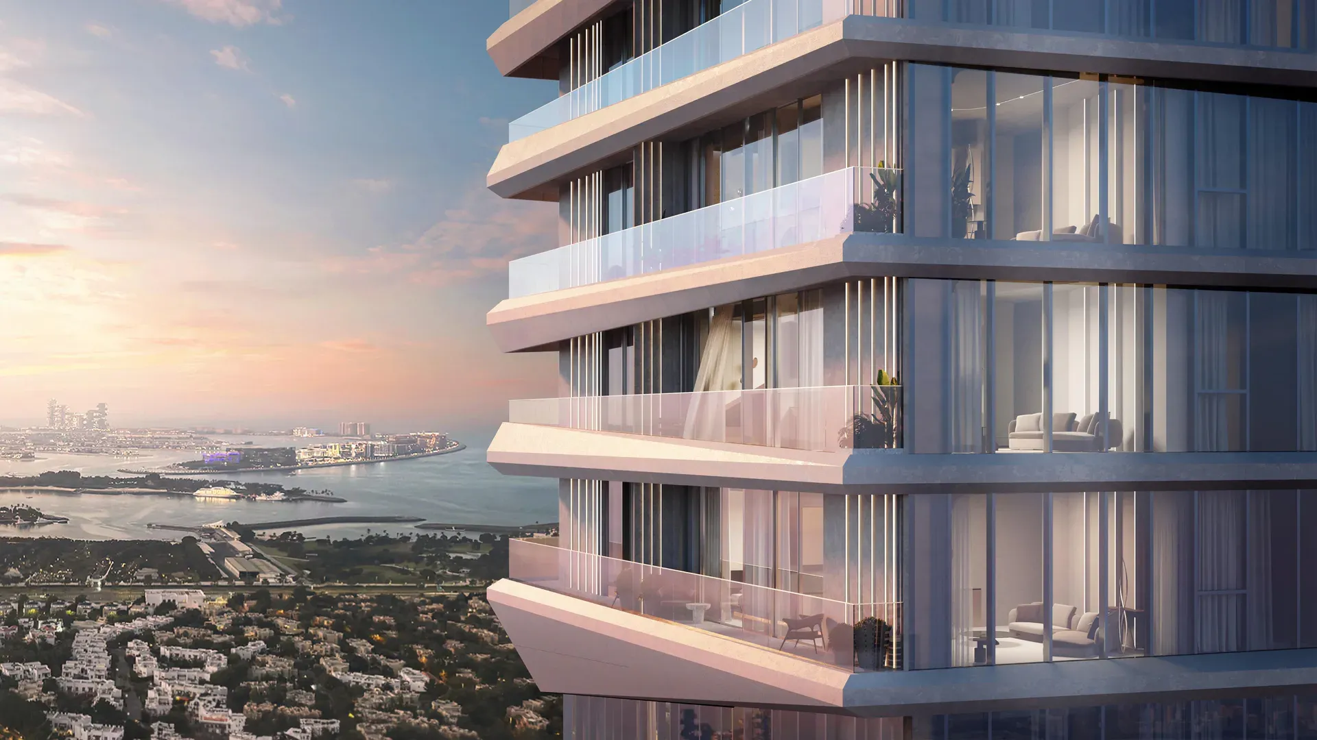 Iconic Residences by Mered overlooking Dubai and the Arabian Gulf at sunset
