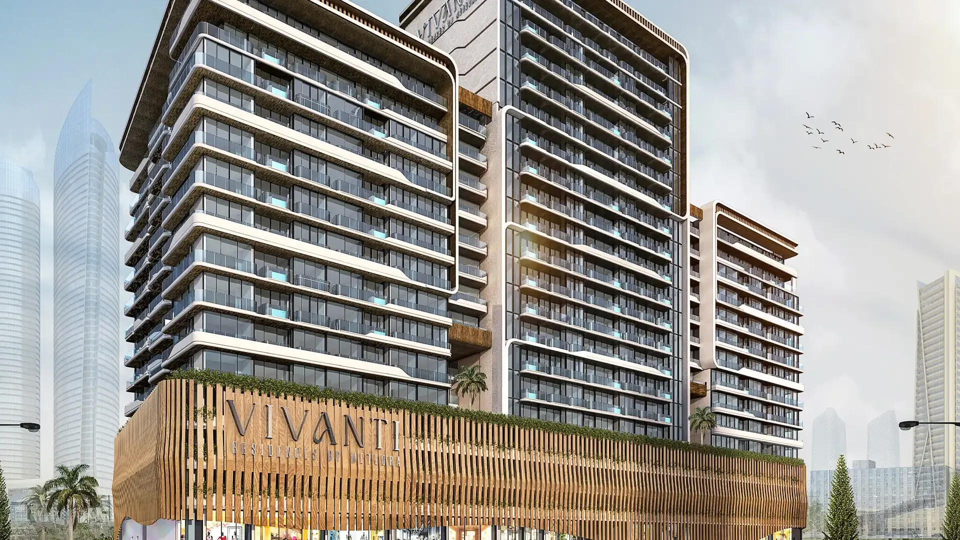 Exterior rendering of Vivanti Residences by Meteora Developers in Jumeirah Village Circle