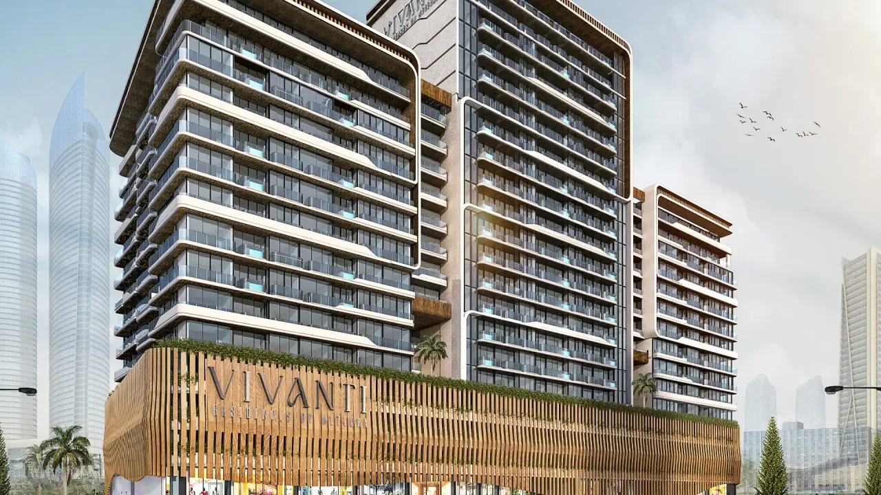 Exterior rendering of Vivanti Residences by Meteora Developers in Jumeirah Village Circle