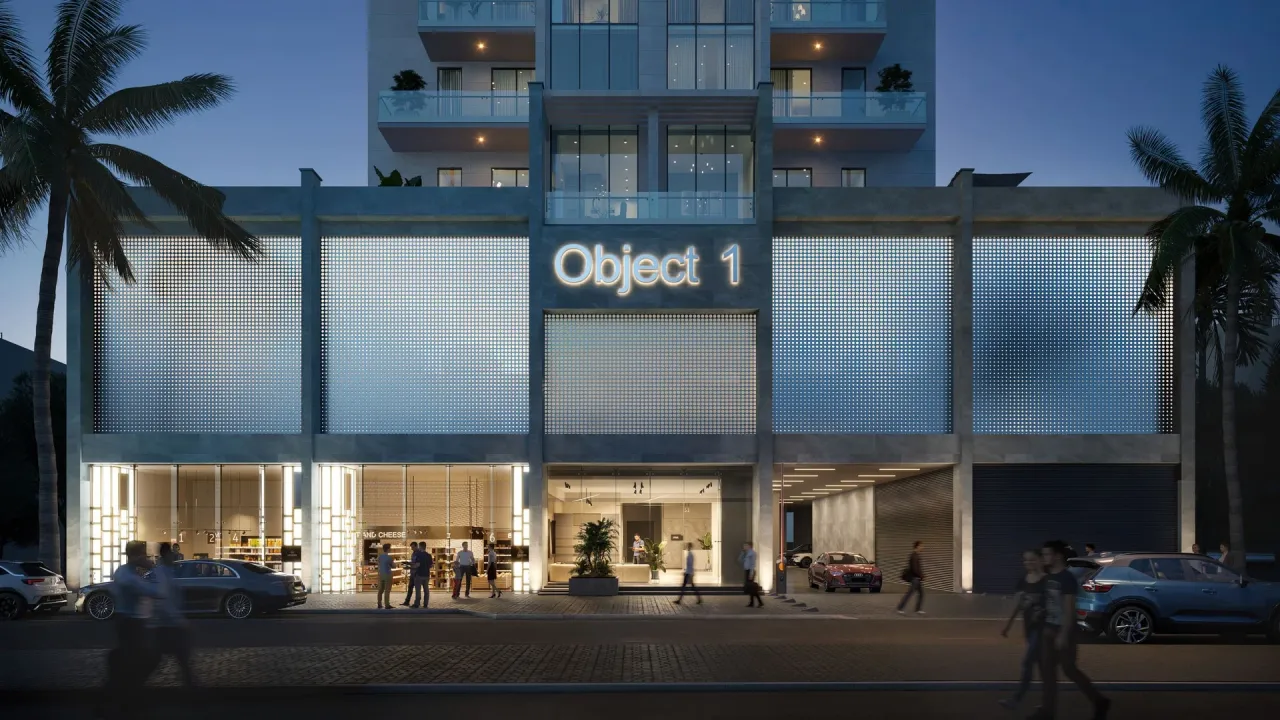 Object 1-branded entrance at RA1N Residence in Jumeirah Village Circle, Dubai