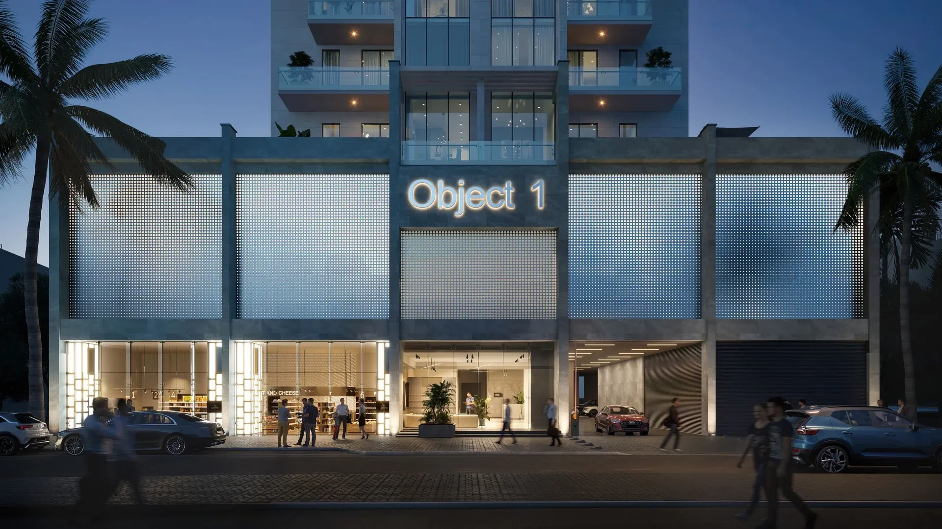 Object 1-branded entrance at RA1N Residence in Jumeirah Village Circle, Dubai