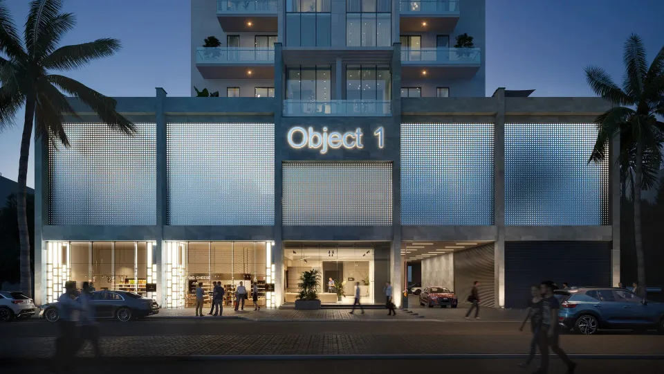 Object 1-branded entrance at RA1N Residence in Jumeirah Village Circle, Dubai