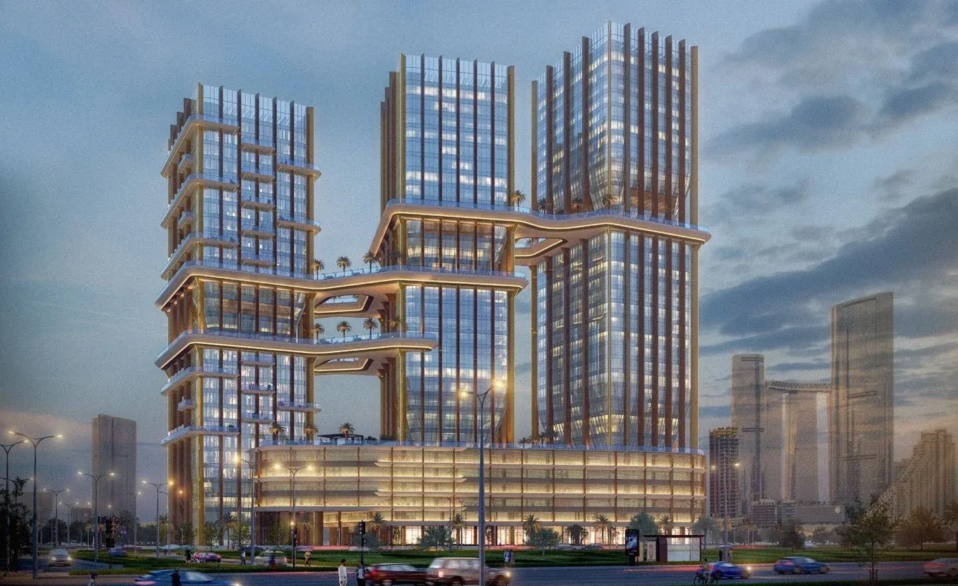 Street-level rendering of the Radiant Bridges towers by Radiant Real Estate on Al Reem Island