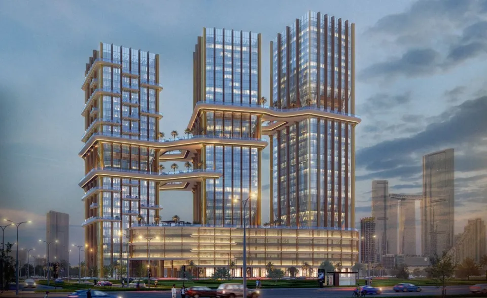 Street-level rendering of the Radiant Bridges towers by Radiant Real Estate on Al Reem Island