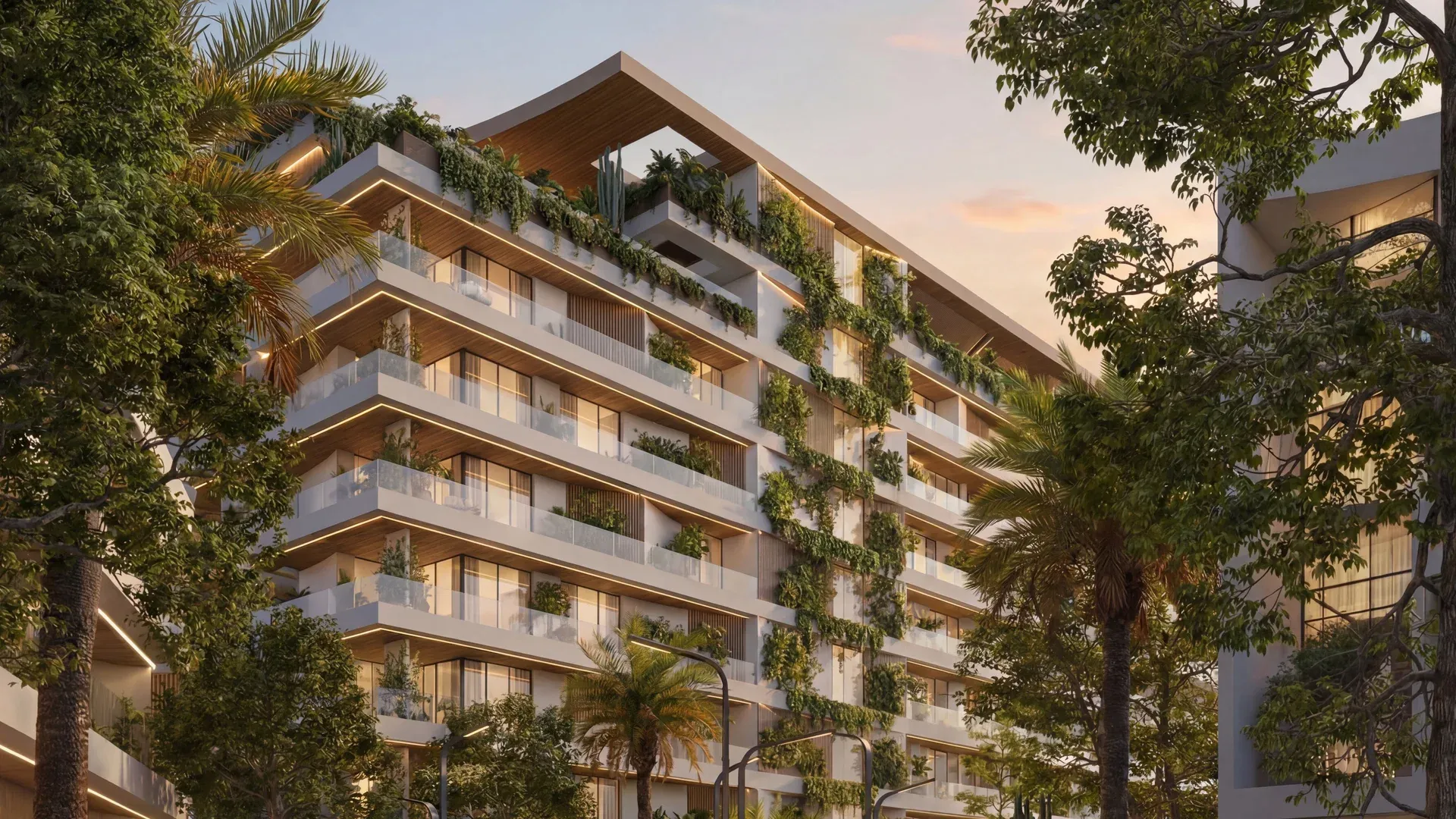 Landscaped facade of Lunaya Terraces in Saih Shuaib 1, Dubai