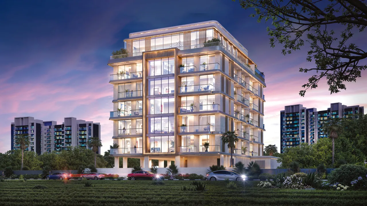 The Willows Residences illuminated evening exterior in Meydan by SCC Vertex Development