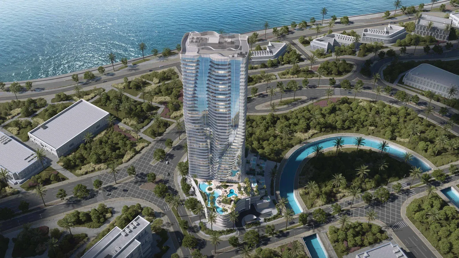 Canal-side residential tower and landscaped amenities in Shams Abu Dhabi