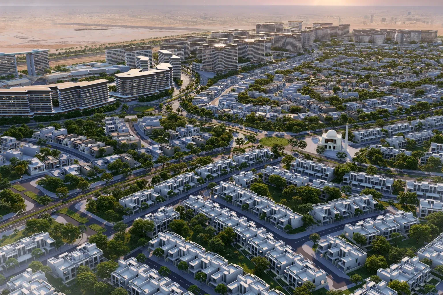 Aerial rendering of landscaped neighbourhoods, waterways and villas at Sobha Sanctuary