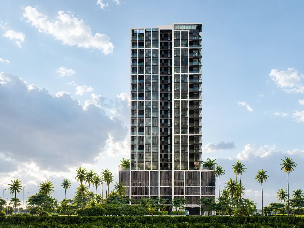 Contemporary SRG Properties residential tower framed by palm trees under a blue sky