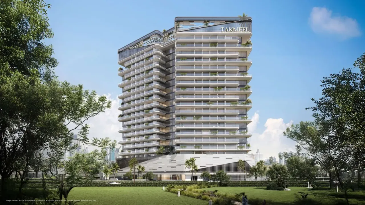 Divine Al Barari residential tower rising above landscaped greenery in Majan by Takmeel Developments