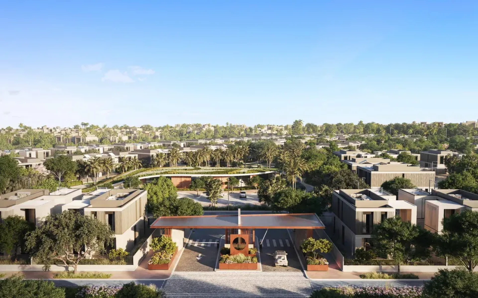 Aerial rendering of Fay Valley villas, green corridors and central amenities in Masdar City