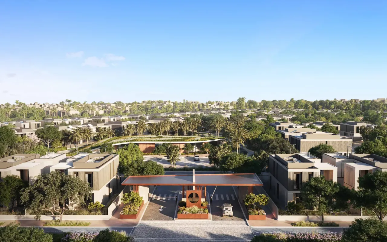 Aerial rendering of Fay Valley villas, green corridors and central amenities in Masdar City